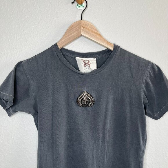 Figue Gray boho Embellished distressed Tee XS Cotton Womens Casual T-Shirt - Picture 3 of 12
